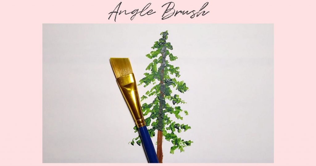 An angle paintbrush laying on top of a pine tree painting that was painted using this brush.