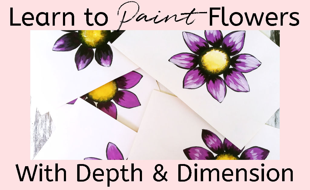A pile of mini paintings of purple daisies with yellow center, all with different amounts of shadows and highlights, and text reading "Learn to Paint Flowers with Depth and Dimension"