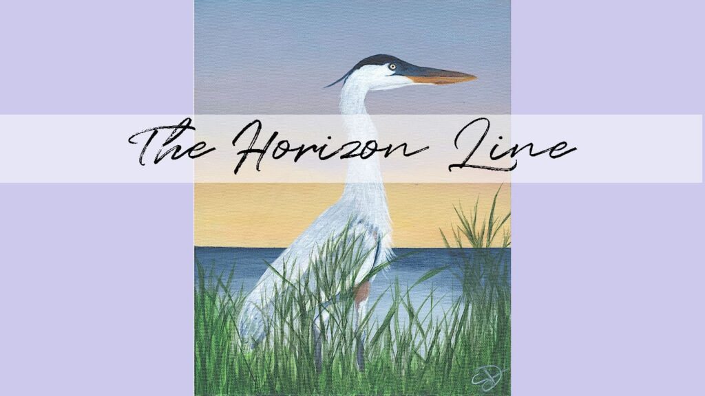 Acrylic painting of a Great Blue Heron standing in the tall beach grass with the ocean and sky in the background. This image is showing the importance of the horizon line when you're learning how to paint the ocean.