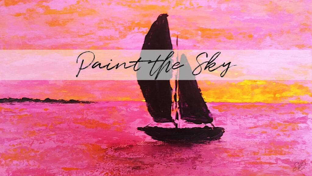 Acrylic palette knife painting of a pink, orange, and yellow sunset over the ocean, with a dark purple sailboat, showing how you should paint the sky first so you know what to add to the water.