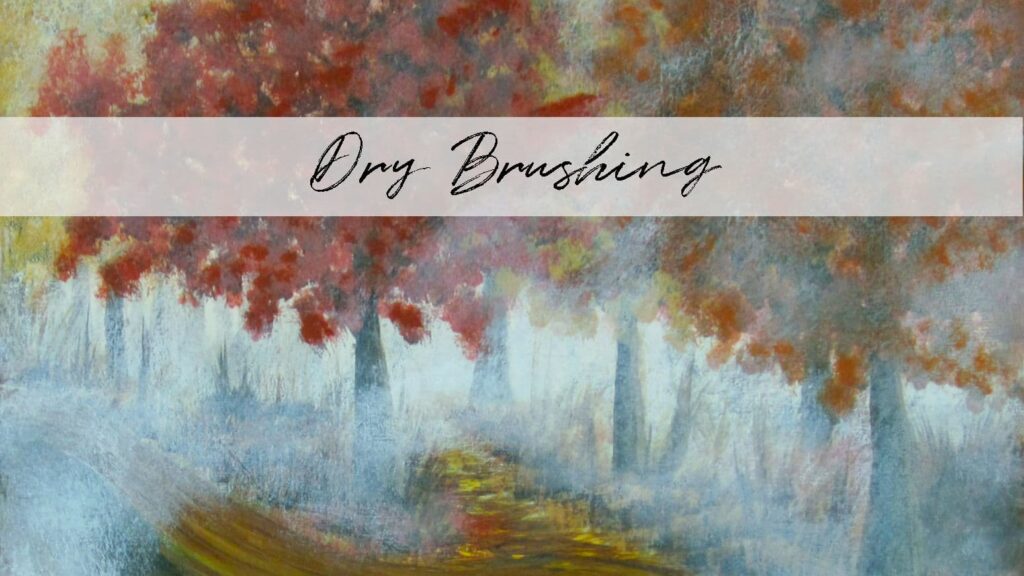 A painting of a wooded path, with fall leaves covering the trees, and lots of misty ground fog. Dry brushing is a great way to create this type of misty look.