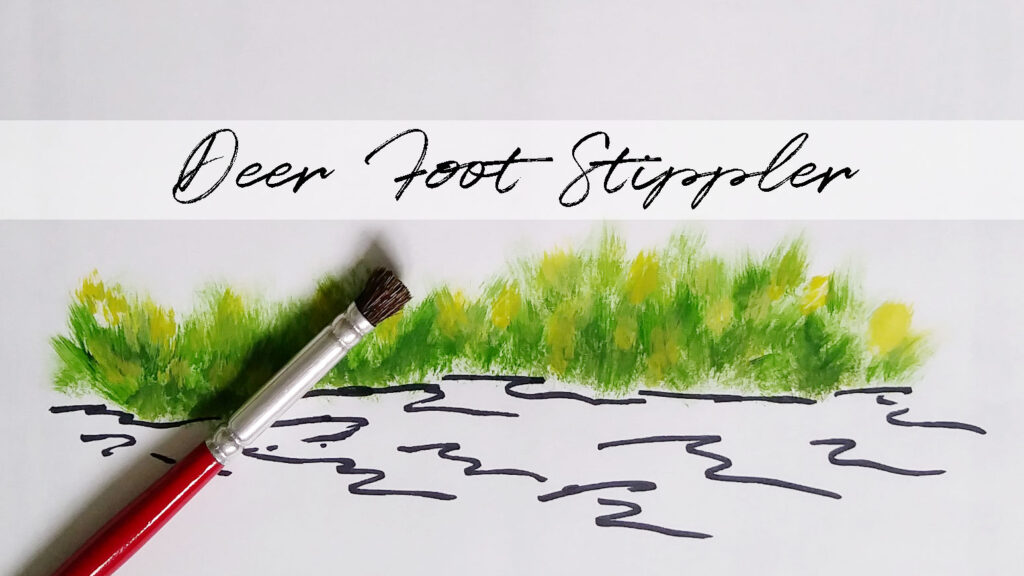 Hand painted green grass, with yellow highlights, on the edge of a lazy river. Also shown is the deer foot stippler paint brush that was used to paint the grass.