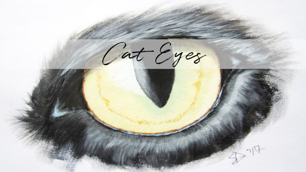 Acrylic painting of a cat eye by Sara Dorey. Cat eyes are one of the most striking features on a cat and should be treated with extra attention to detail when you paint a cat.