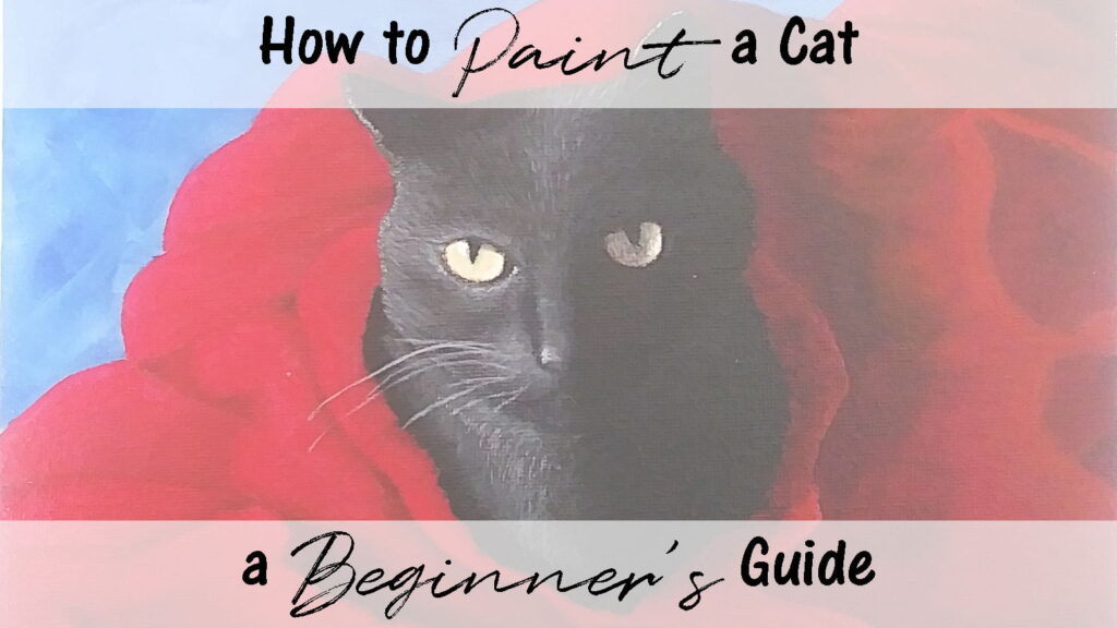 Acrylic painting of a black cat with a red blanket on a royal blue background. Titled "How to Paint a Cat: A Beginner's Guide"