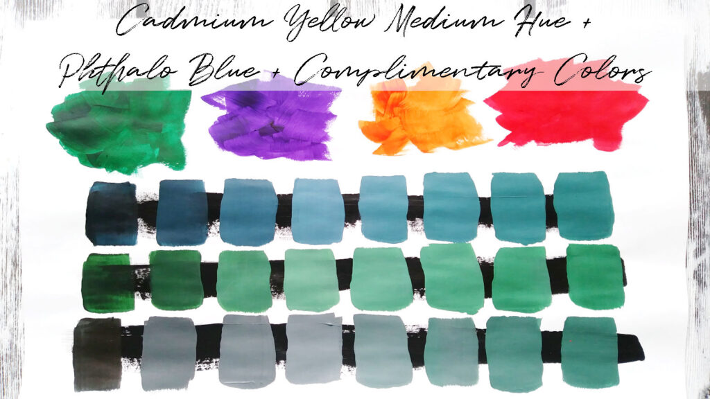 Shades of green, blue, black, and grey as a result of color mixing cadmium yellow medium hue, phthalo blue, and complimentary colors.