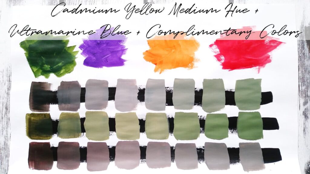 Showing what green paint shades you can create when color mixing with complimentary colors.