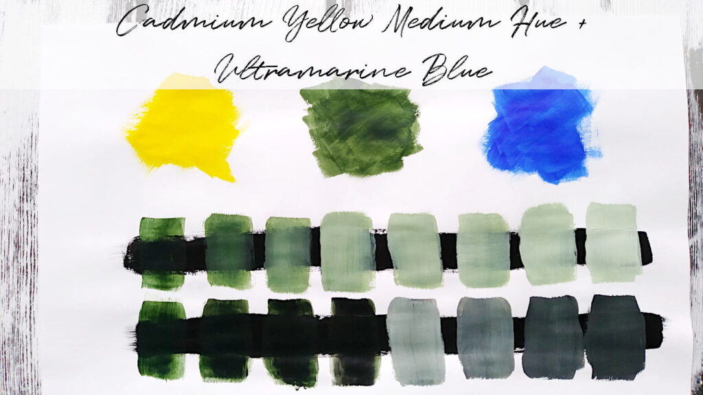 Paint swatches that show what shades of green are made when color mixing cadmium yellow medium hue and ultramarine blue.