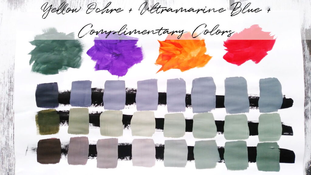 Color mixing swatches made from yellow ochre, ultramarine blue, and complimentary colors.