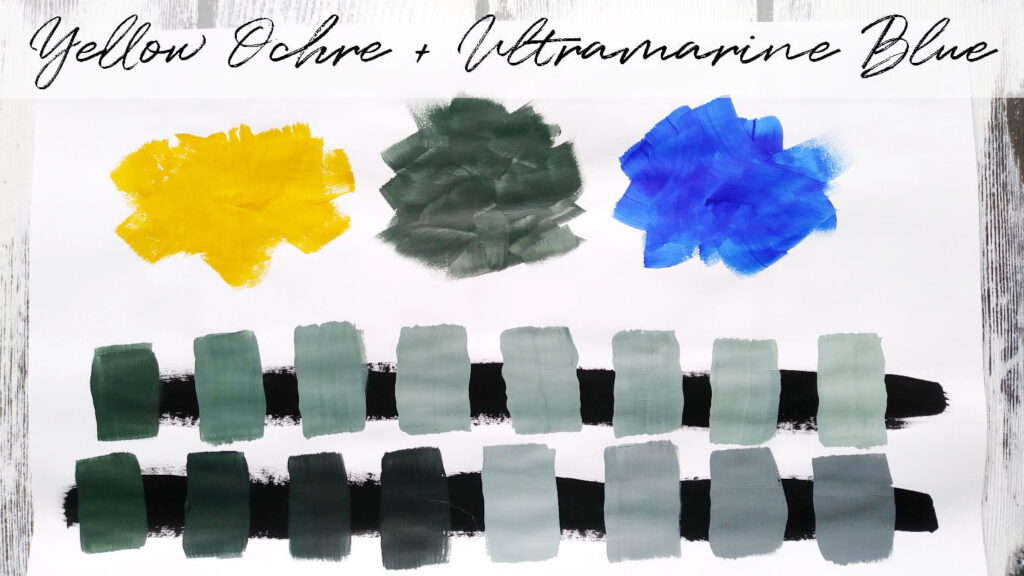 Yellow ochre and ultramarine blue paint color mixing results in many different green shades as well as some greys.