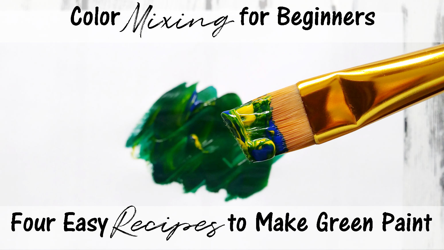 A paintbrush covered in swirled yellow and blue paint with a green paint swatch.