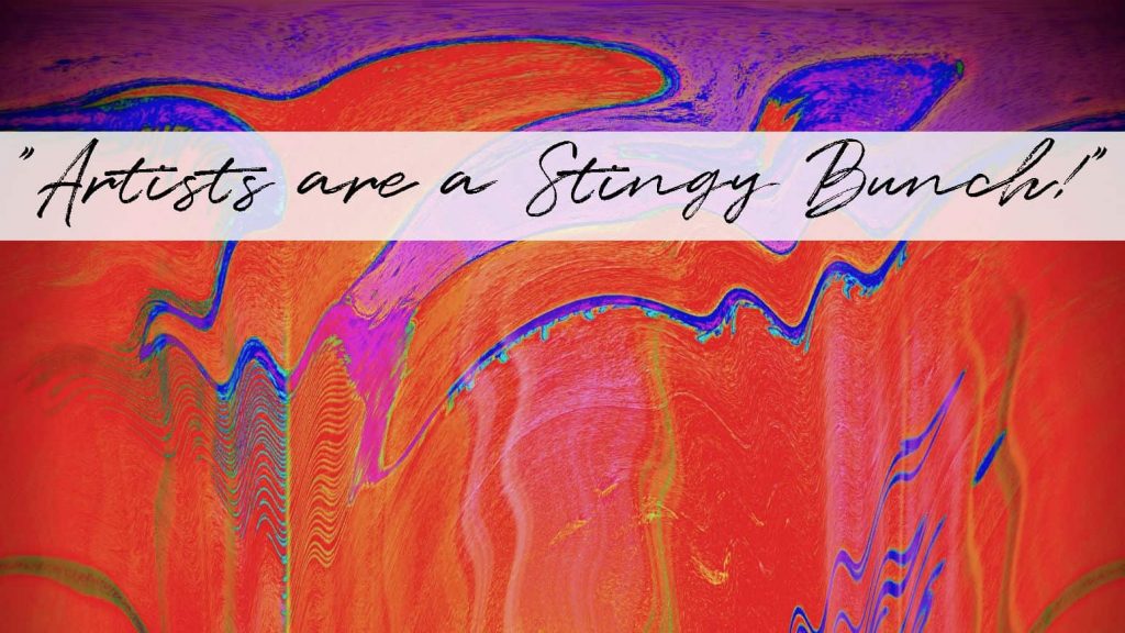 Titled "Artists are a Stingy Bunch!", this paint pour features neon purple, neon orange, and neon blue in a drip pattern.