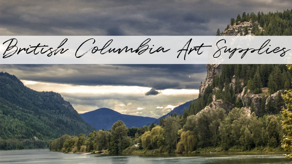 A dramatically cloudy sky with mountains in the background and a lake in the foreground. Location is Nakusp, British Columbia and titled "British Columbia Art Supplies".