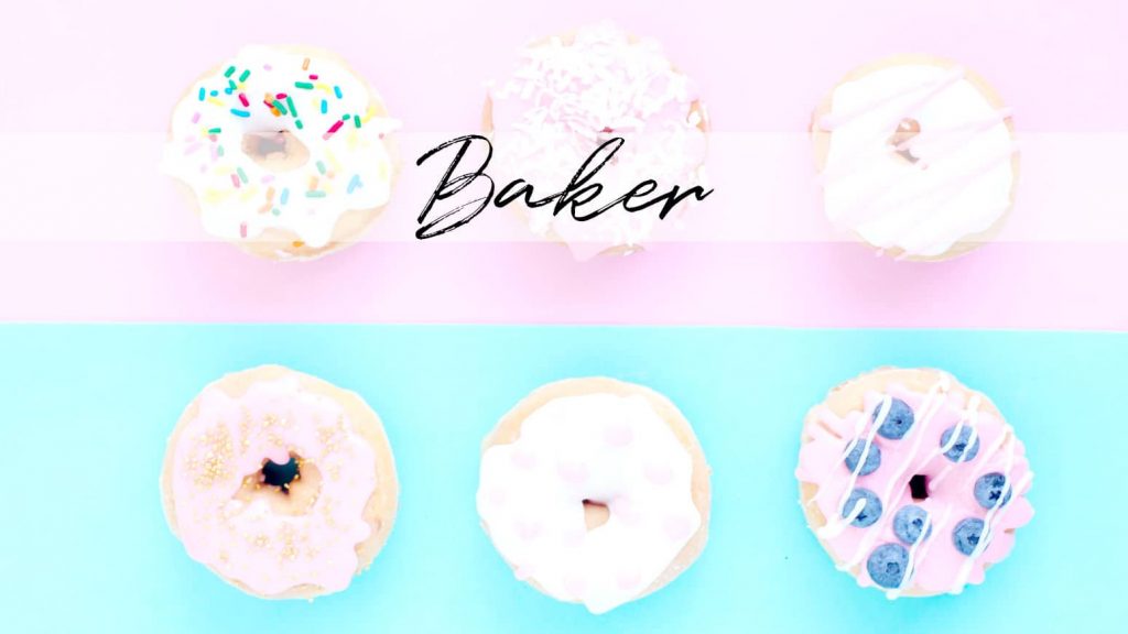 Beautifully decorated donuts on a pink and turquoise background. Bakers are definitely artistic!