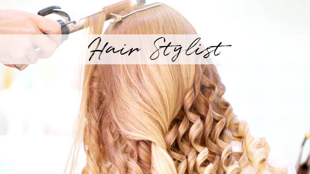 A woman, with long blonde hair, getting her hair curled by a hair stylist.