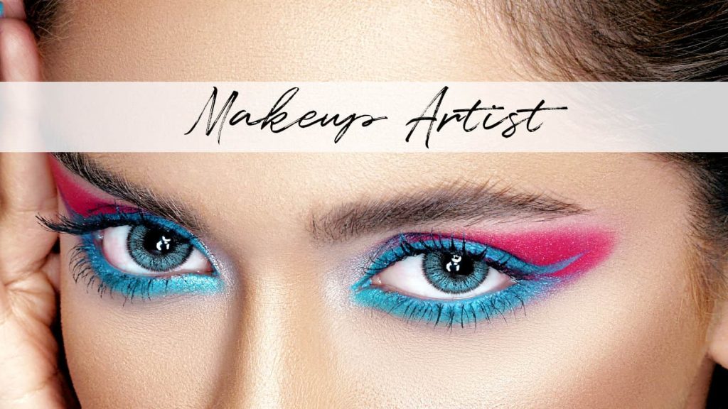 A close up of a woman with beautiful blue and magenta eyeshadow. Makeup artists rock!