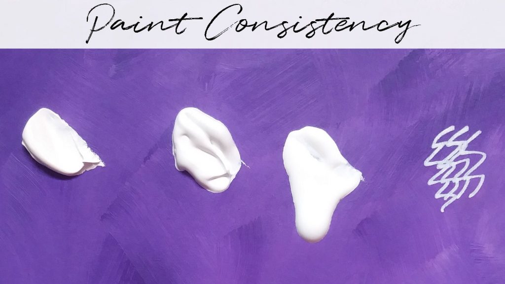 Four different types of white paint on a purple background showing the consistency of each