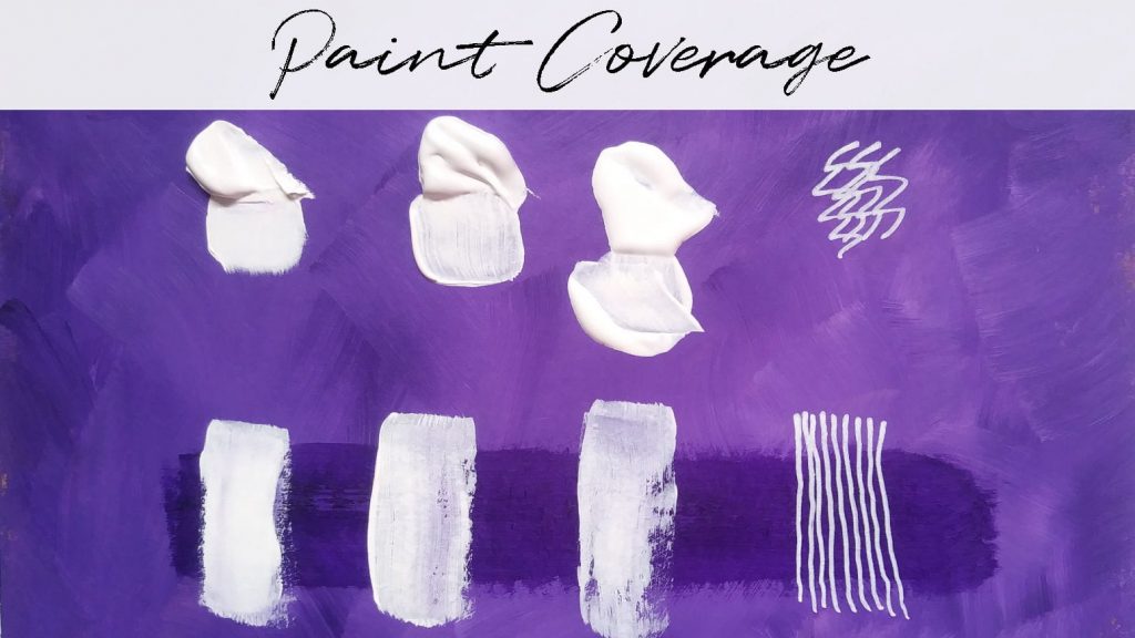 Four different types of white paint on a purple background with a swatch of each paint to show how much coverage they give.