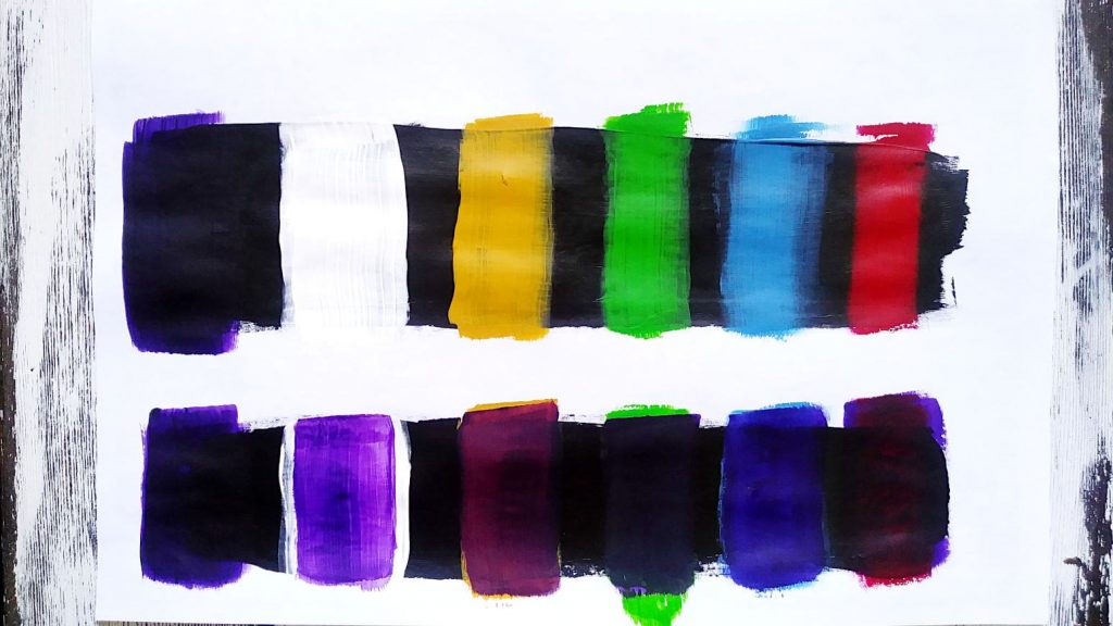 Color swatches to show how using an opaque paint, when painting on black canvas, as an underpainting, you will be able to use any dark colored paint you want and it will show up against the black canvas.