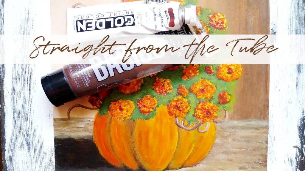 A painting of a bouquet of flowers in a pumpkin with a multi-colored brown background. Also included is a couple of tubes of brown paint