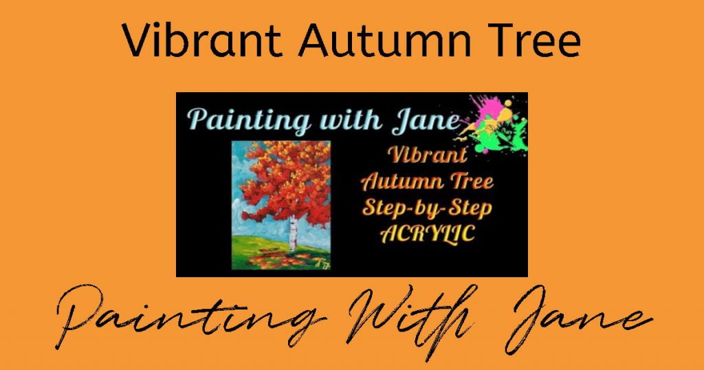 Painting of a bright orange, yellow, and red fall tree on a grassy hill.