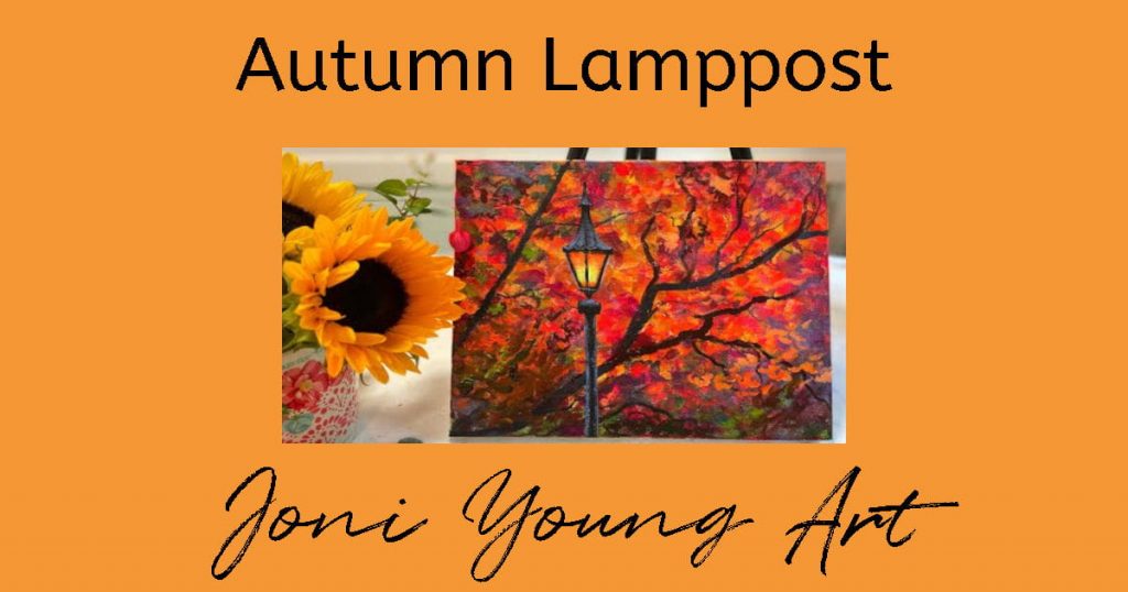 Step-by-step painting of a lamppost with fall foliage in the background