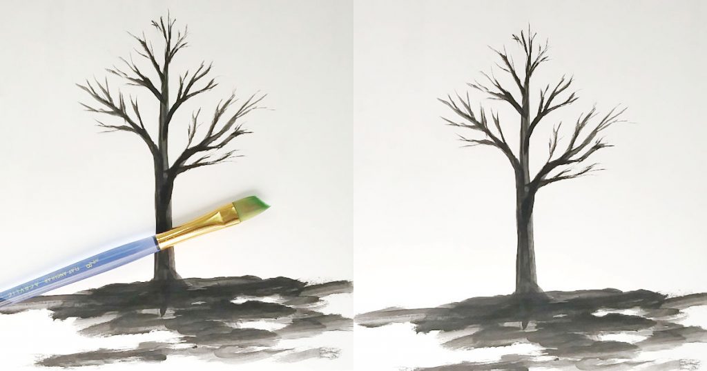 A tree with bare branches painted with an angle brush.