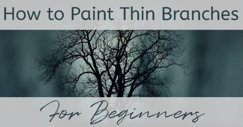 A spooky tree, with bare thin branches, in the moonlight. Titled "How to Paint Thin Branches for Beginners"