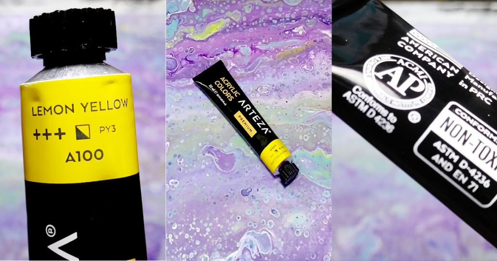 Arteza acrylic paint tube showing the different symbols and important info.
