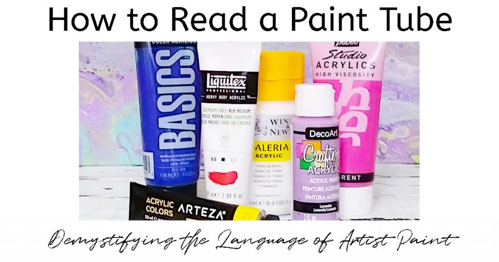 Different brands of paint tube and bottles with a text overlay reading "How to Read a Paint Tube: Demystifying the Language of Artist Paint".