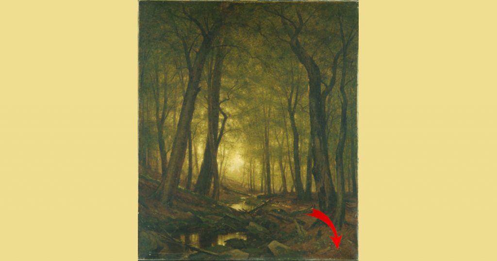 A red arrow pointing to the signature that is hidden within the painting.