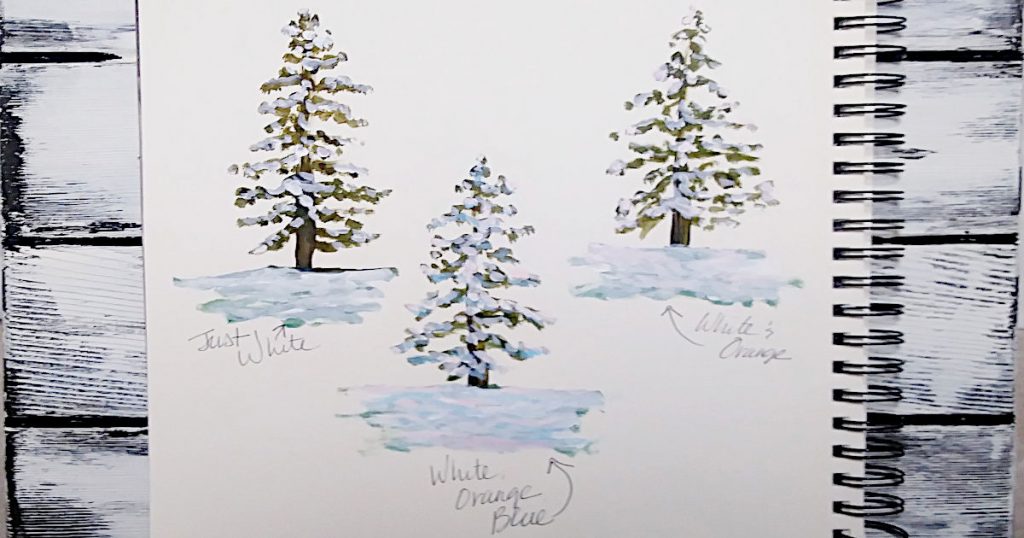 Three snow covered trees painted in slightly different ways to test whether Cadmium Orange paint really does brighten white paint