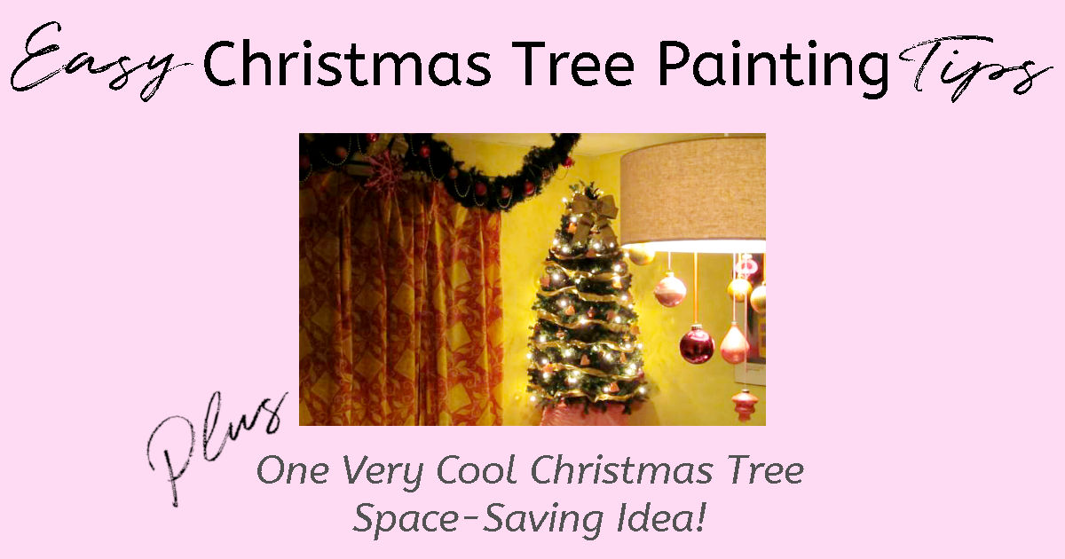A tabletop Christmas tree with white lights, gold ribbon, and pink ornaments with a text overlay reading "Easy Christmas Tree Painting Ideas Plus One Very Cool Christmas Tree Space-Saving Idea!"
