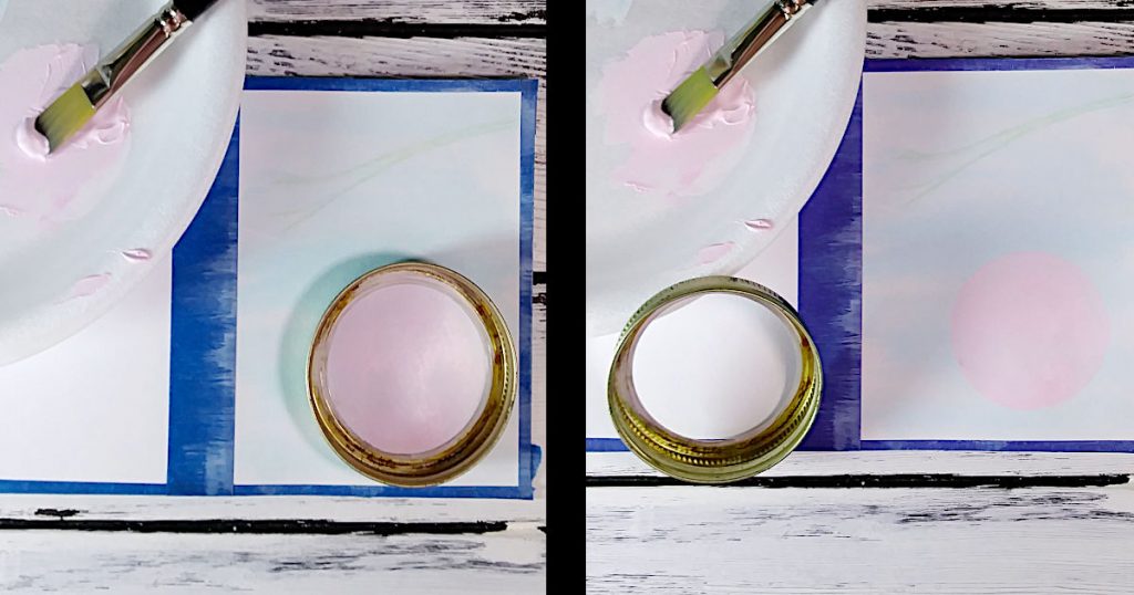 Side by side photos showing how to easily paint a round ornament using a Mason Jar lid ring