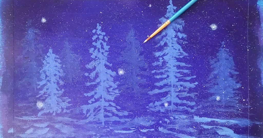 The winter nighttime landscape with misty looking snowflakes added using a small round brush and your finger