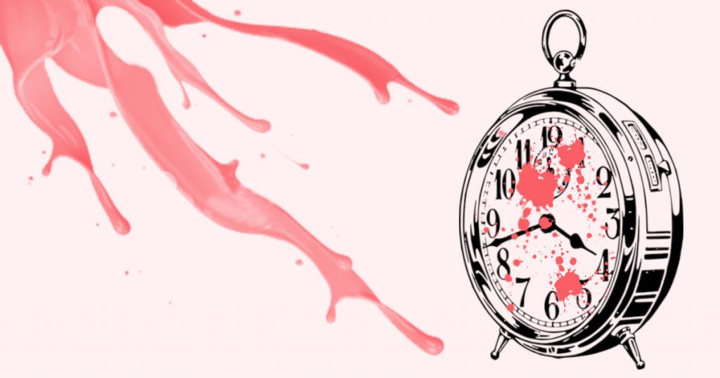 An old fashioned alarm clock with streams of pink paint being thrown at it and splattering on the clock face