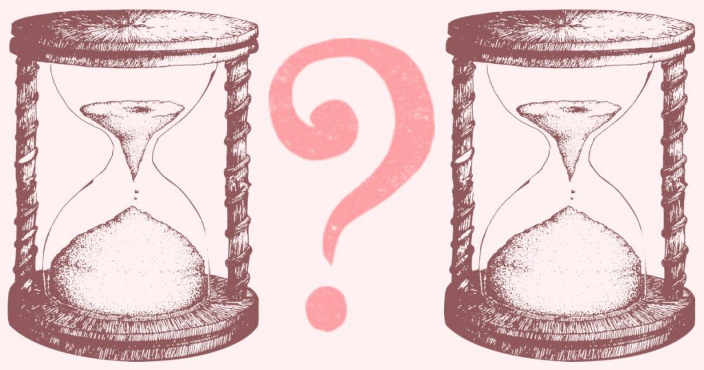 2 brown hourglasses with a pink question mark between them
