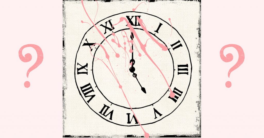 A clock face with Roman Numerals splattered in pink paint with two pink question marks on either side