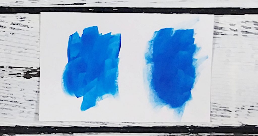 A paint swatch with two blue paints, from the same brand line, that look the same but have different names