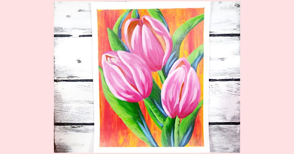 The finished beginner friendly tulip painting, of bright pink tulips on an orange and yellow blended background.