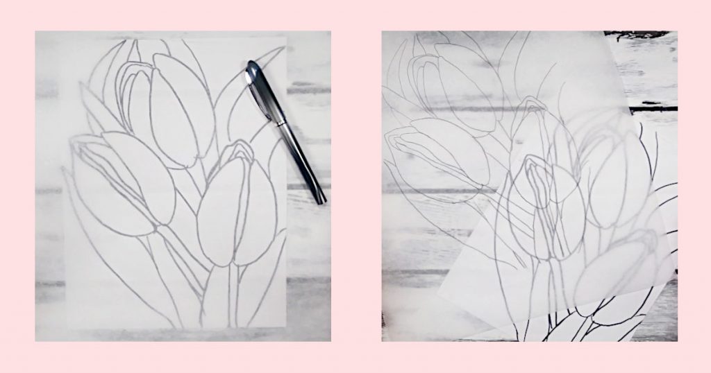 Side-by-side images showing how to use the traceable to transfer the tulip image onto your canvas