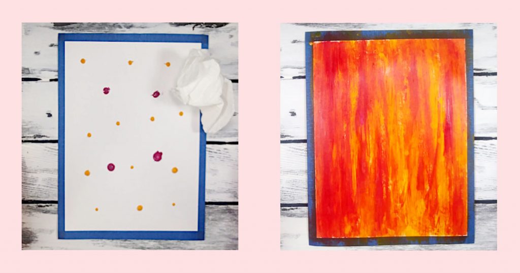 Side-by-side images of how to paint the background using pink and yellow blobs of paint and crumpled up paper towel