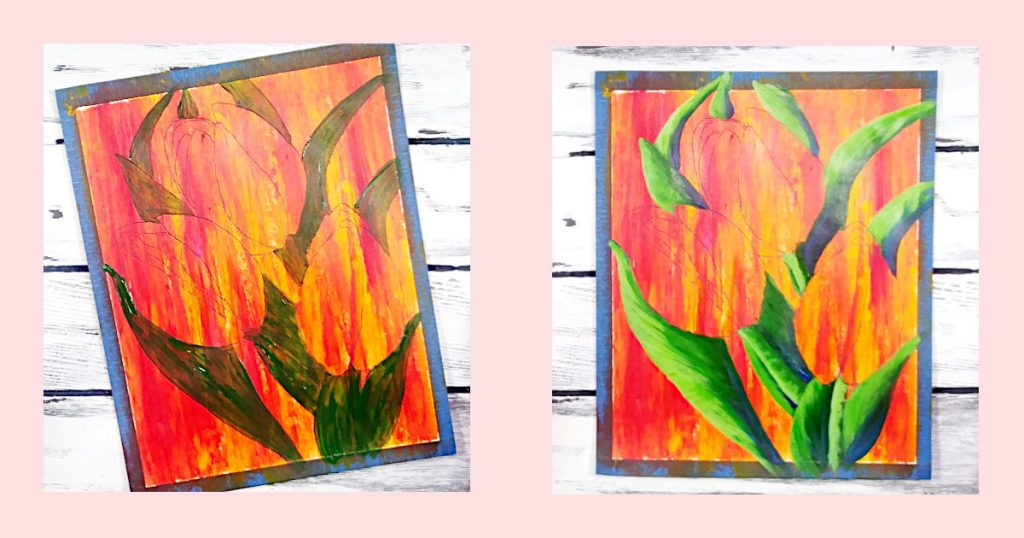 Side-by-side image showing how to block in the tulip leaves and add the highlights