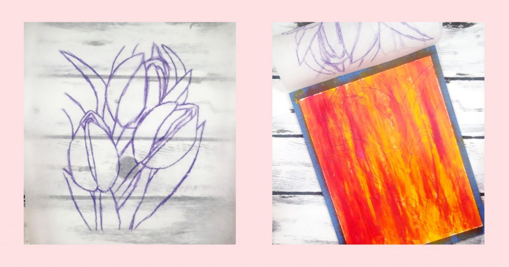 Side-by-side images of how to add chalk or watercolor pencil to the traceable and how it looks on the background once it has been transferred.