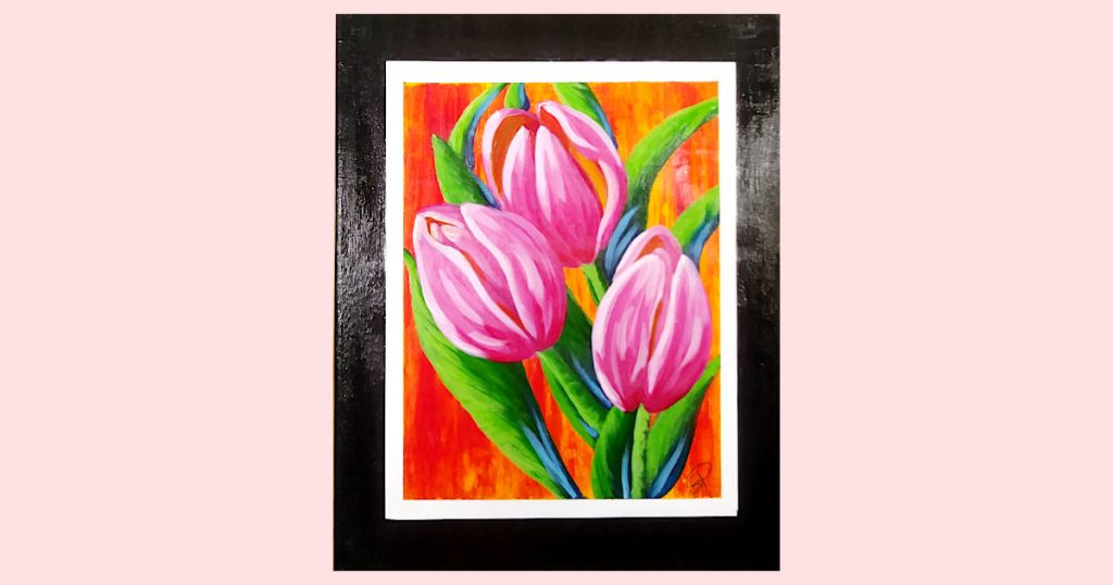 The pink tulip paper painting, with an uneven sheen, showing what it looks like when you mount paper on canvas but before you varnish