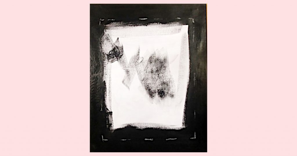 A white canvas painted black around the edges with white chalk marks to show where to mount paper on canvas