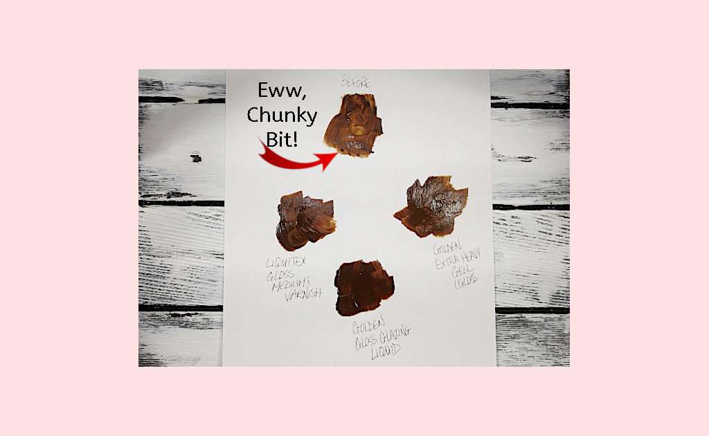 Swatches of Burnt Umber before and after being mixed with acrylic mediums to smooth it out.