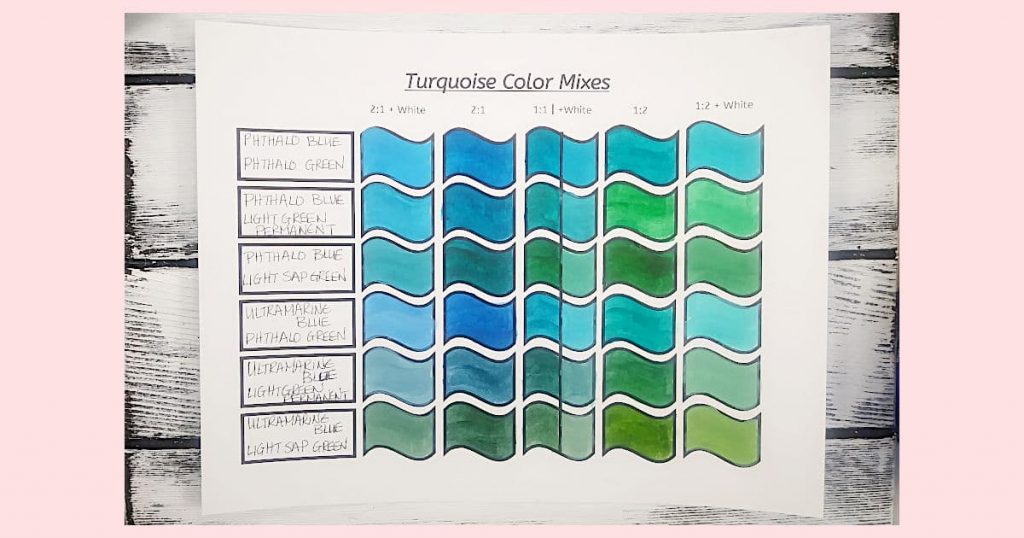 A page full of paint swatches in an attempt to make turquoise acrylic paint from different blue and green paint recipes