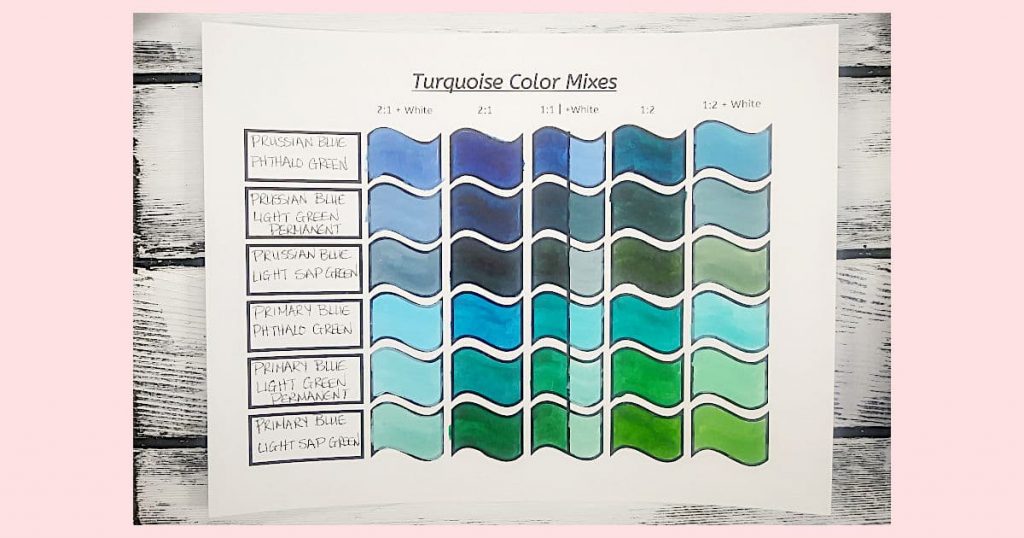 A piece of white paper with different blue, green, and turquoise paint swatches 