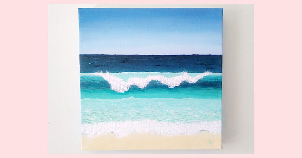 A painting of a beautiful tropical ocean wave using different variations of turquoise acrylic paint.