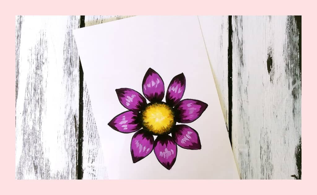 A purple daisy painting with shadows near the yellow center and also on the tips of each petal. Highlights are added halfway between the center of the flower and the tips of the petals creating the illusion that the flower petals arch up and then fall back down at the tips.